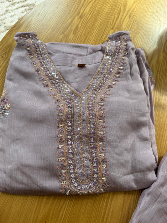 Light Purple Embroidered Chinnon Suit