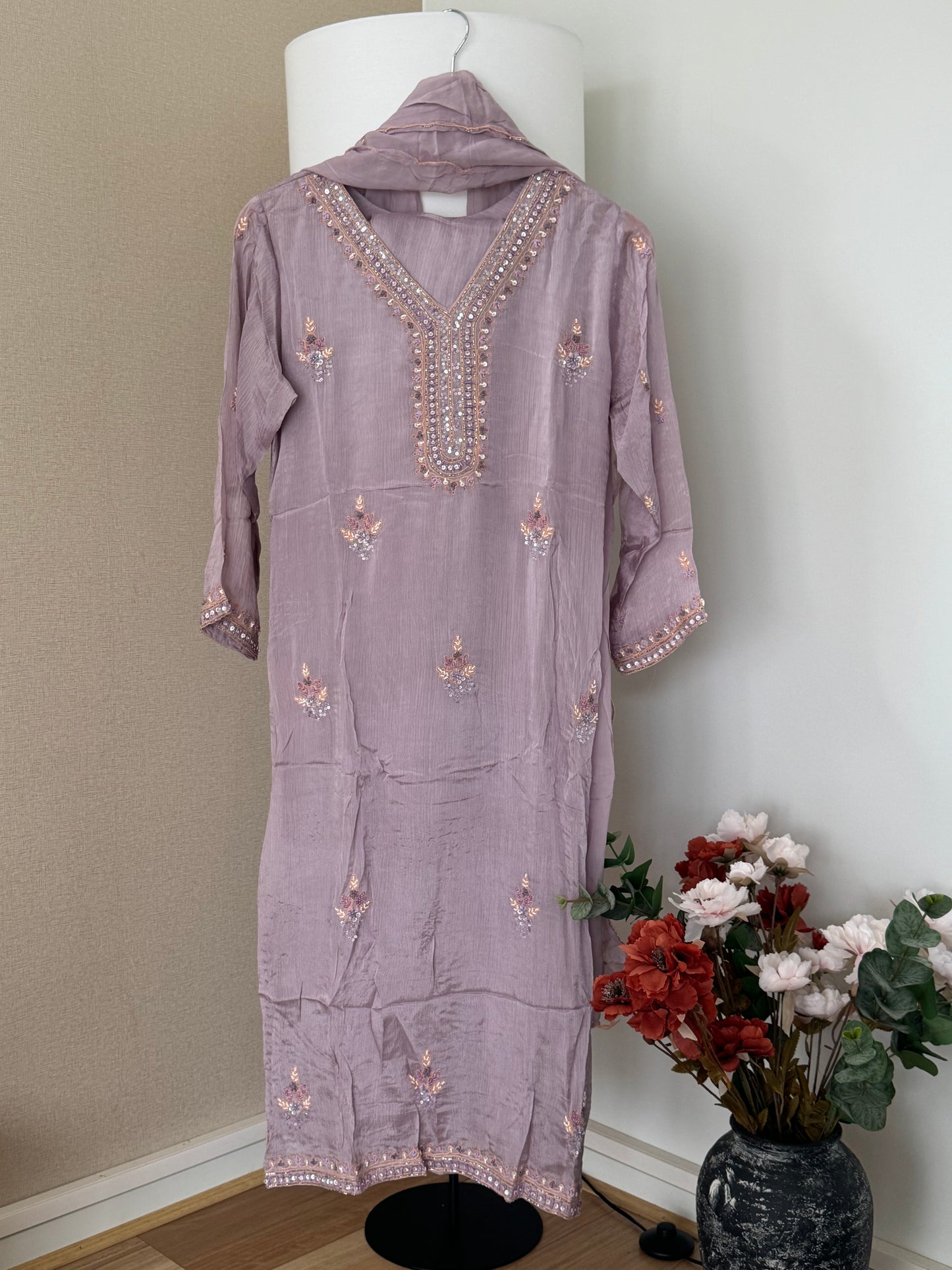 Light Purple Embroidered Chinnon Suit