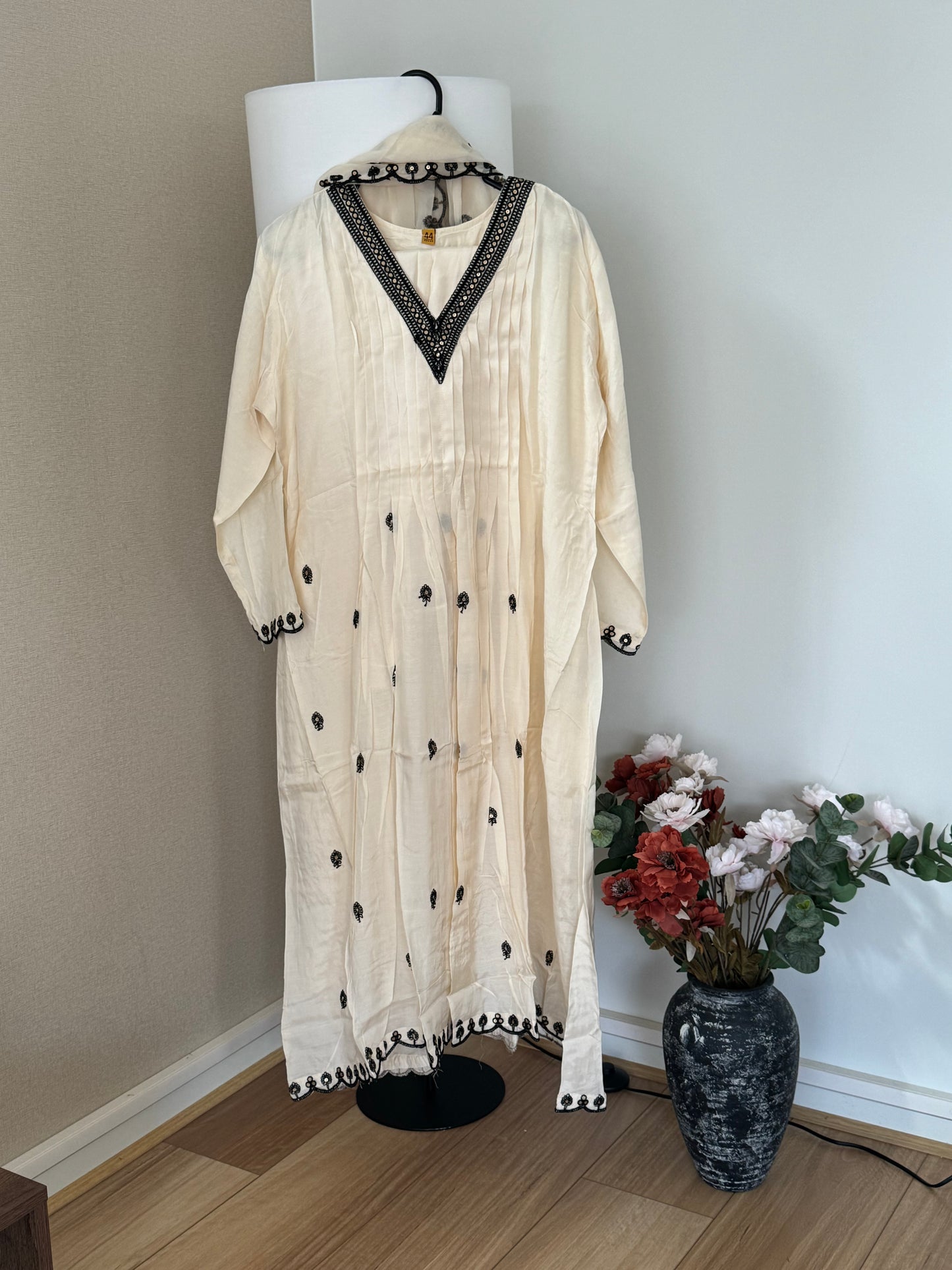 Off White and Black Muslin A-line Outfit